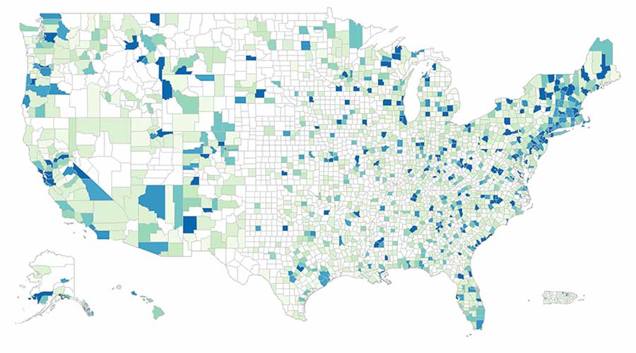Distribution of those certified in General Pediatrics (alone) by pediatrician count
